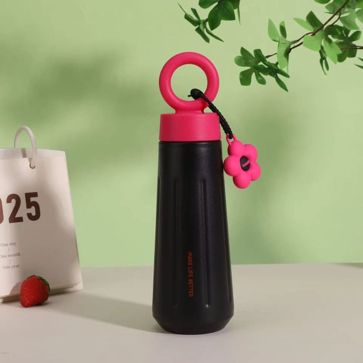 Insulated Water Bottle 450ml with Flower Charm & Carry Ring – Cute Travel Bottle