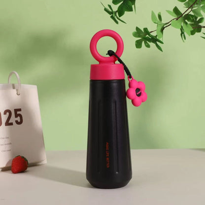 Insulated Water Bottle 450ml with Flower Charm & Carry Ring – Cute Travel Bottle