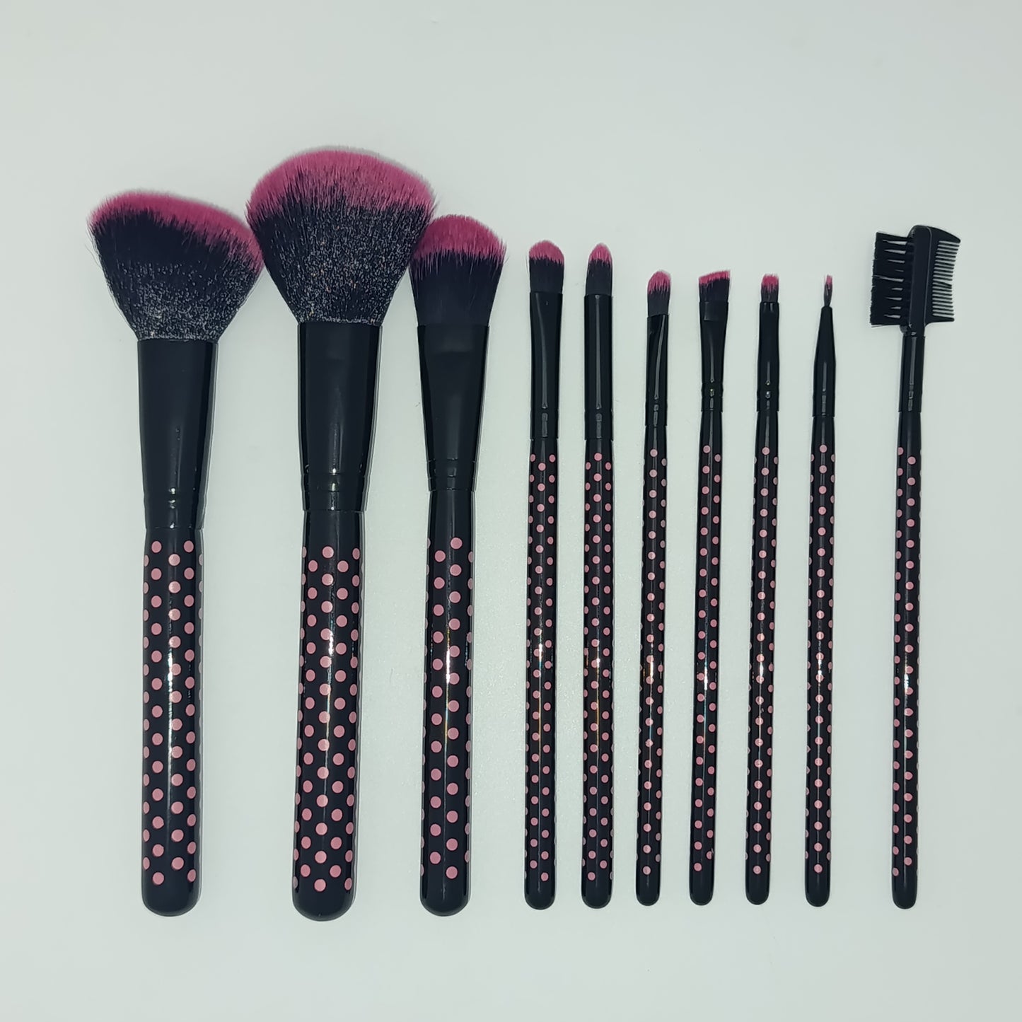 Pink Polka Dot 10-Piece Makeup Brush Set | Travel-Ready Roll Pouch