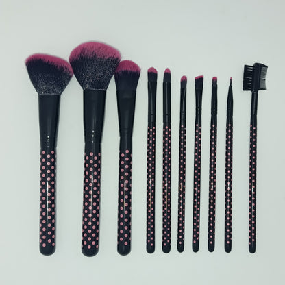 Pink Polka Dot 10-Piece Makeup Brush Set | Travel-Ready Roll Pouch