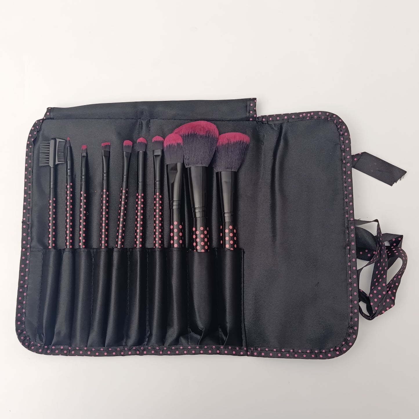 Pink Polka Dot 10-Piece Makeup Brush Set | Travel-Ready Roll Pouch