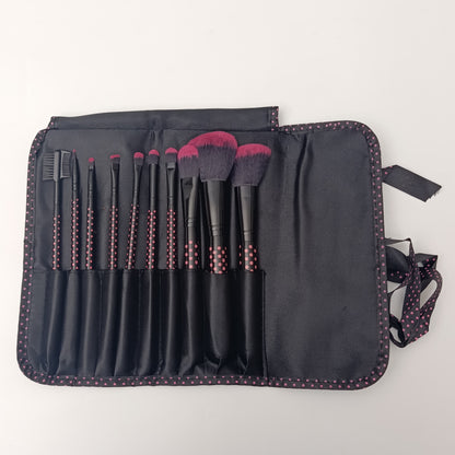 Pink Polka Dot 10-Piece Makeup Brush Set | Travel-Ready Roll Pouch