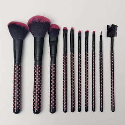 Pink Polka Dot 10-Piece Makeup Brush Set | Travel-Ready Roll Pouch