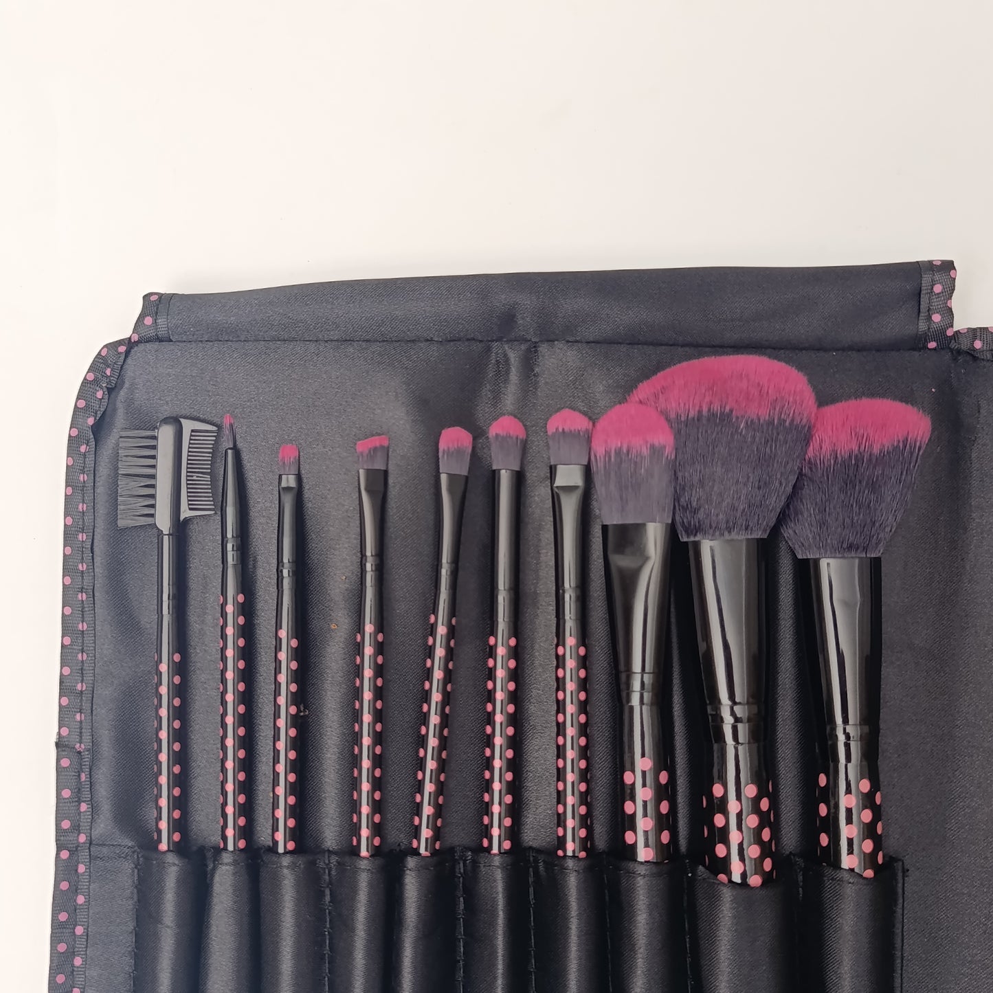 Pink Polka Dot 10-Piece Makeup Brush Set | Travel-Ready Roll Pouch