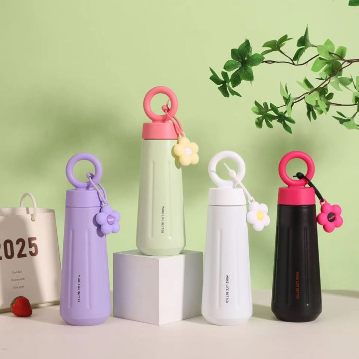 Insulated Water Bottle 450ml with Flower Charm & Carry Ring – Cute Travel Bottle