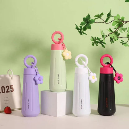 Insulated Water Bottle 450ml with Flower Charm & Carry Ring – Cute Travel Bottle