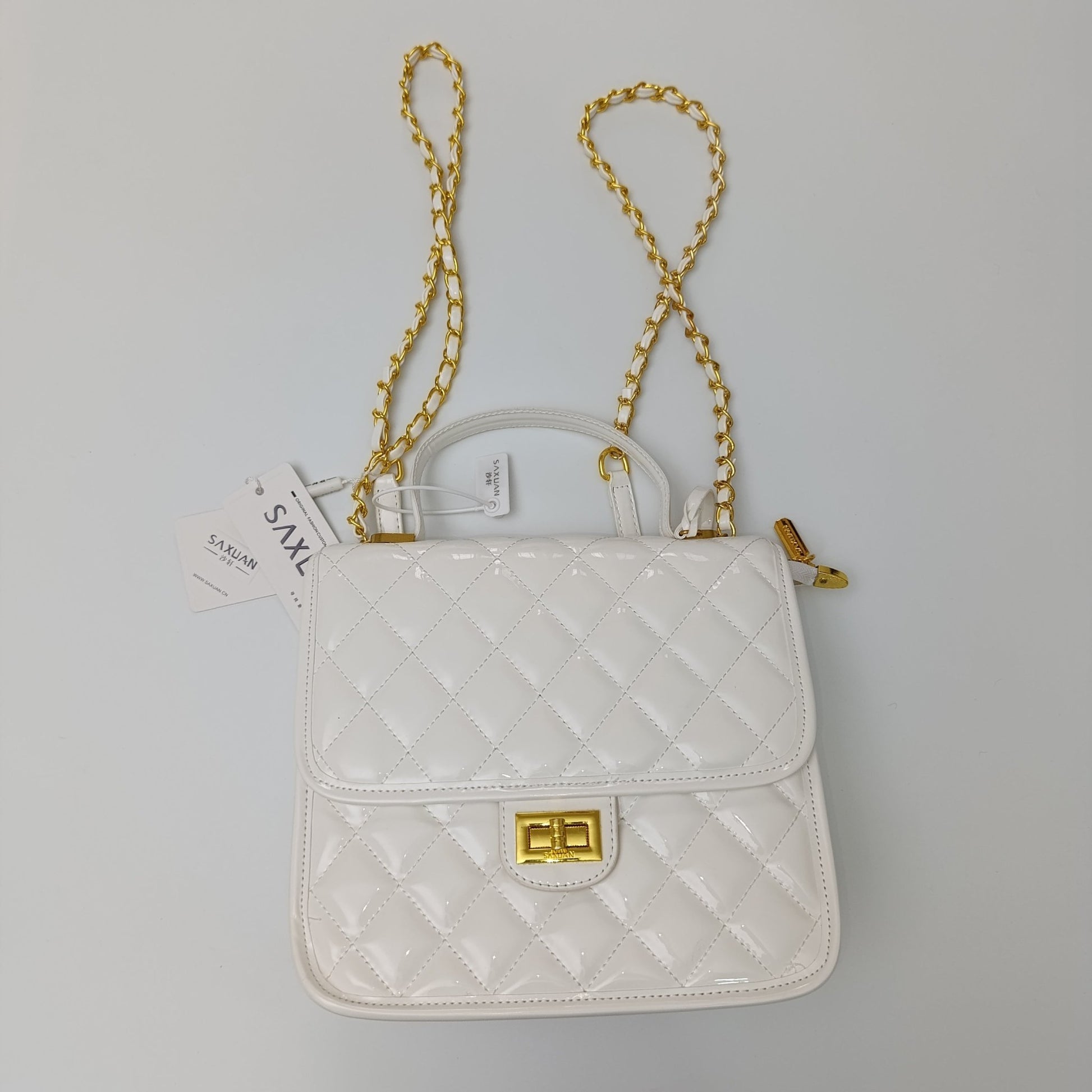 Saxuan White Quilted Patent Leather Handbag – Elegant Mini Shoulder Bag for Women - Lotshop.pk