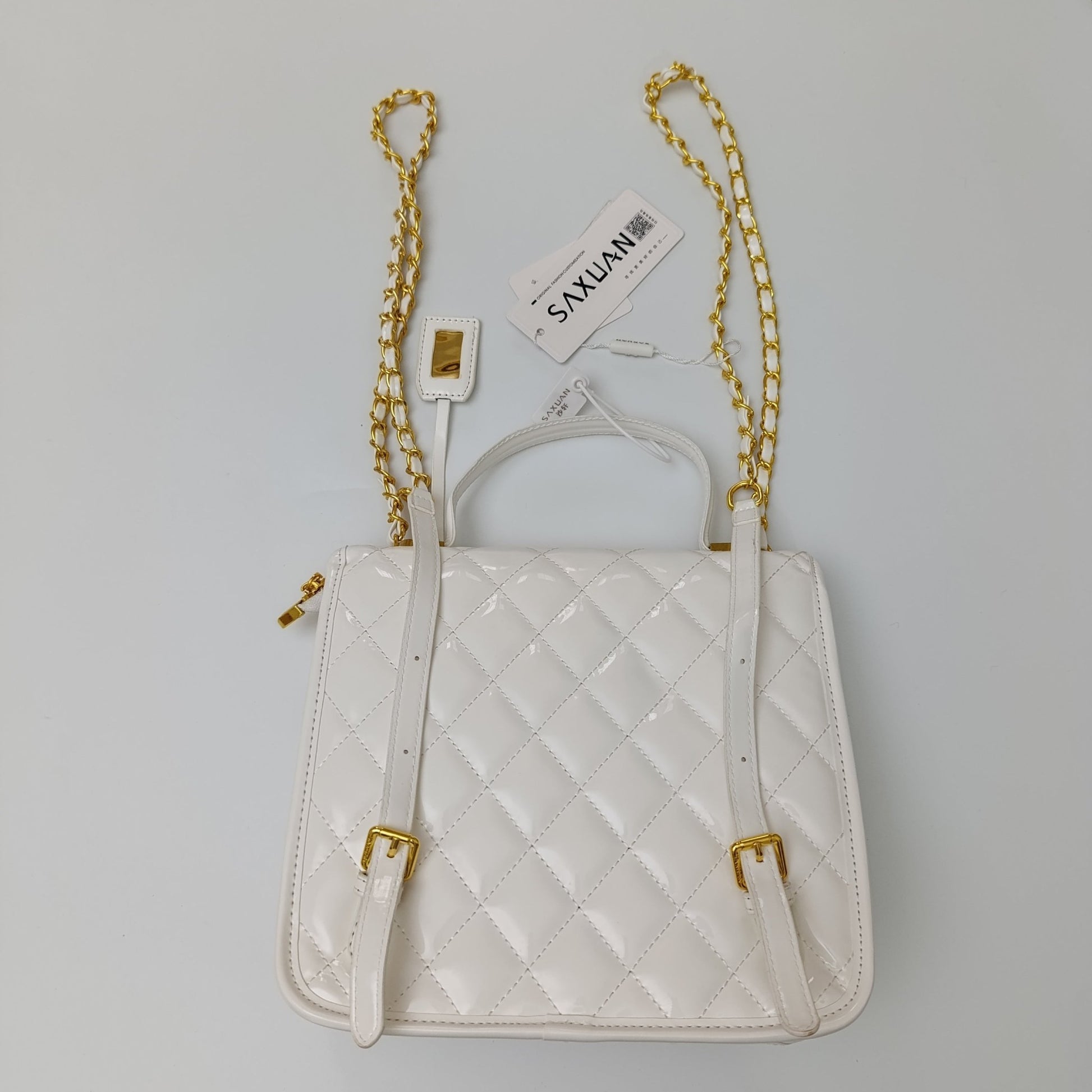 Saxuan White Quilted Patent Leather Handbag – Elegant Mini Shoulder Bag for Women - Lotshop.pk
