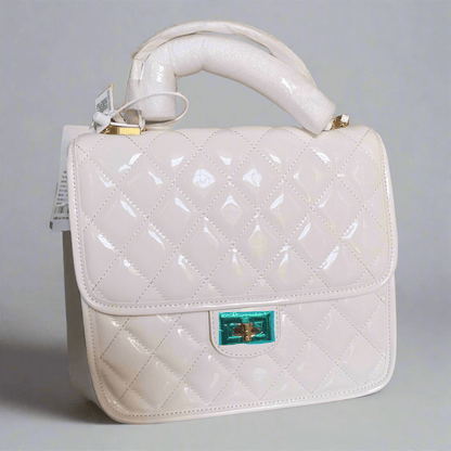 Saxuan White Quilted Patent Leather Handbag – Elegant Mini Shoulder Bag for Women - Lotshop.pk