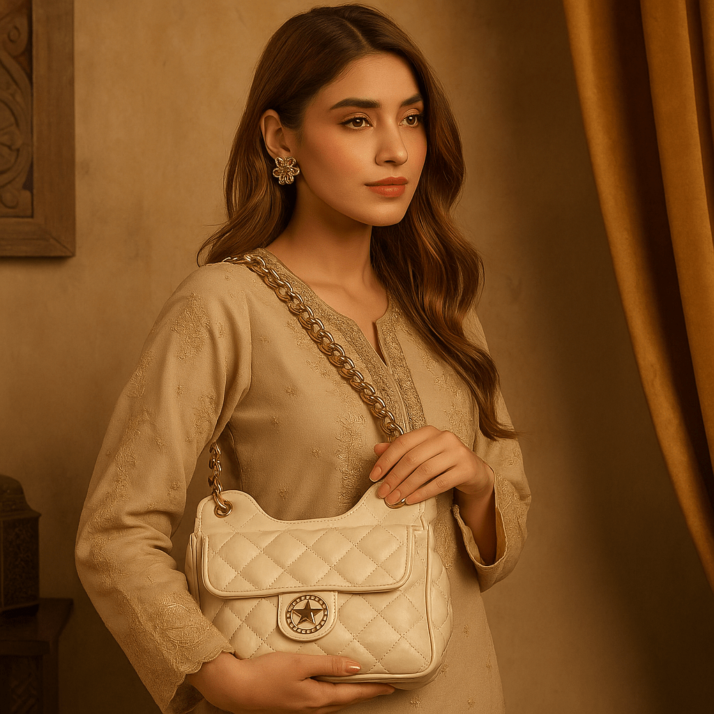 White Quilted Gold Chain Shoulder Bag – Luxury Crossbody Purse - 9001 - Lotshop.pk